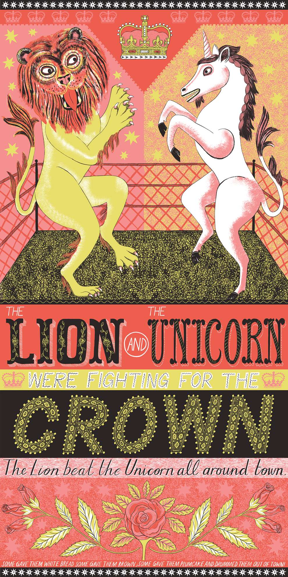 Alice Pattullo, Bright and colourful screenprint book cover illustration of a lion and a unicorn fighting in a ring 